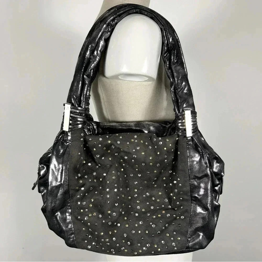 Y2K Black Metallic Studded Hobo Bag | Slouchy Punk Shoulder Purse